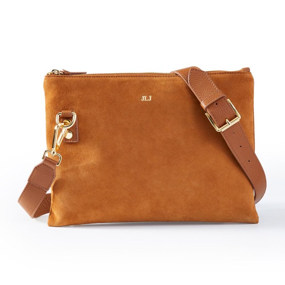 Mark & Graham Suede Crossbody Bag in Cognac/Tan with Gold Hardware